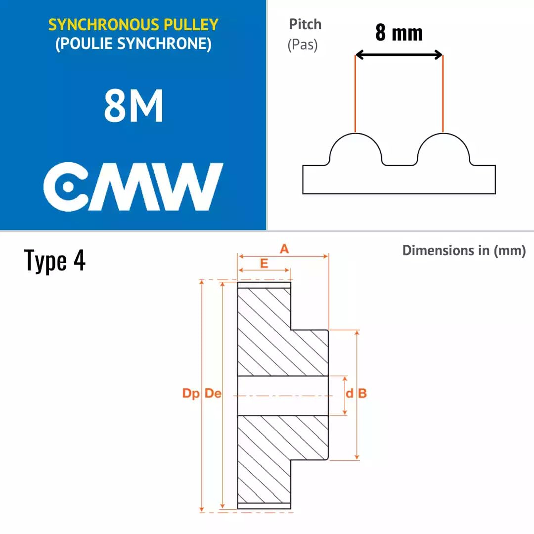 CMW - 8MZ032-030 - Poulies synchrones - Profil HTD - Section 8M - Pré alésée (mm) - 32 dents - Pas de 8 mm - Acier