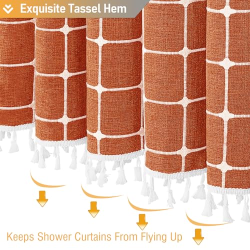 Image of BTTN Boho Farmhouse Shower Curtain - Linen Rustic Heavy Duty Fabric Shower Curtain Set with Tassel, Water Repellent, Bohemian Vintage Country Cloth Shower Curtains for Bathroom - Burnt Orange - 72x72