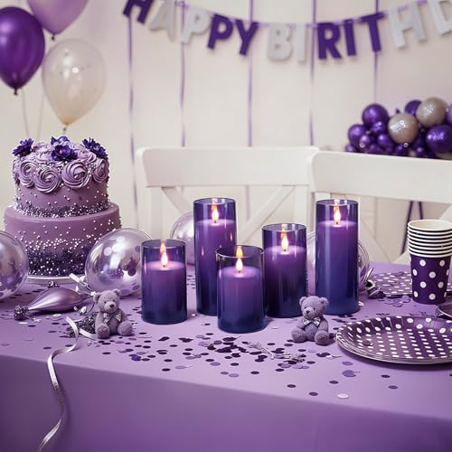 Image of Homemory Purple Flickering Flameless Candles, Battery Operated Acrylic LED Pillar Candles with Remote Control and Timer, Purple Decor, Set of 5