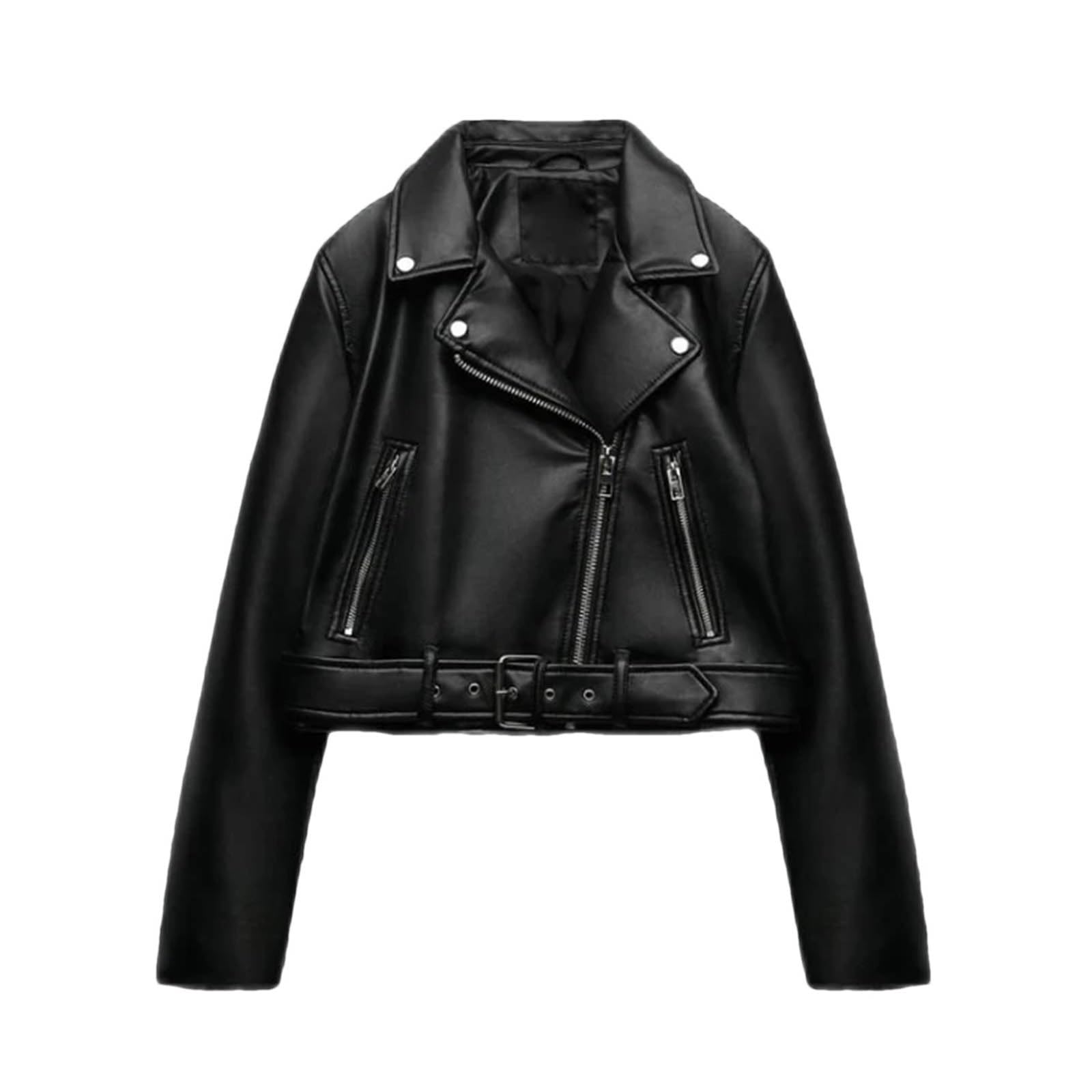 Women's Autumn Loose Pu Faux Leather Short Jacket With Belt