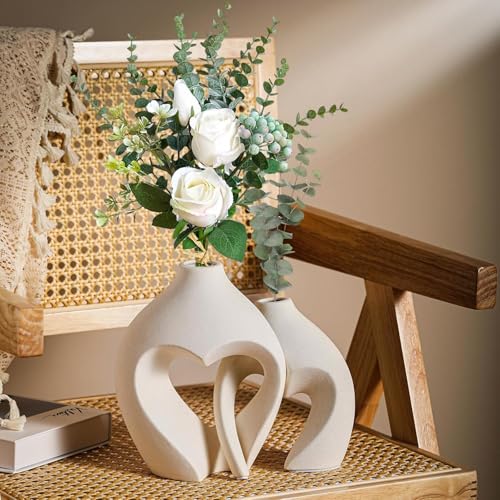 Image of PUREZENTO Unique White Donut Heart Ceramic Vase 8.3 & 6.9 Inch - Set of 2 | Decorative Heart Donut Vase for Dried Flowers & Pampas Grass | Vases for Modern Home Decor, Living Room, Office Decor Ideas