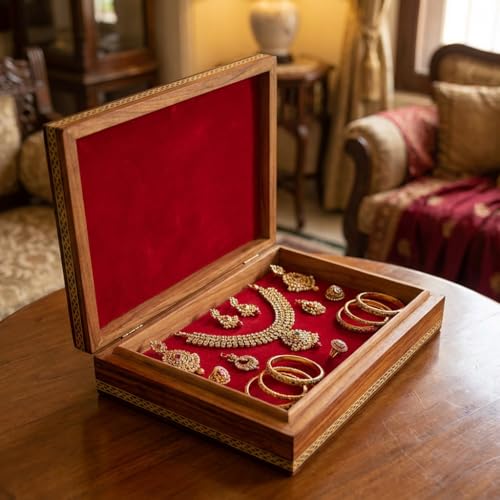 Image of Gemstone Bani Thani Print Wooden Jewelry Box for Women, Brass Border Painting (5.28)