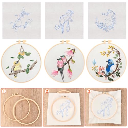 Image of FOCCTS Hummingbird and Flower Embroidery Kit, DIY Embroidery Kits with Patterns and Instructions Hoops Needles Threads, Embroidery Starter Kit for Beginners Adults