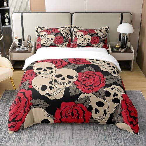 Sugar Skull 100% Cotton Duvet Cover Double,Red Floral Comforter Cover,Gothic Skull Print Bedding for Kids Boys Girls Teens Adult,Horror Skeleton Bones Quilt Cover with 2 Pillow Cases Halloween Decor