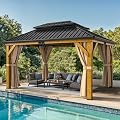 GOOBED Wood Gazebo Outdoor Hardtop Double Roof Heavy Duty Wooden Frame Galvanized Steel Canopy w/Curtain and Netting, for Patio, Deck, Backyard (13X15FT)