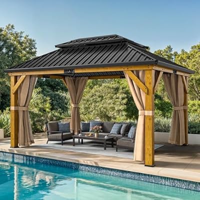 GOOBED Wood Gazebo Outdoor Hardtop Double Roof Heavy Duty Wooden Frame Galvanized Steel Canopy w/Curtain and Netting, for Patio, Deck, Backyard (13X15FT)