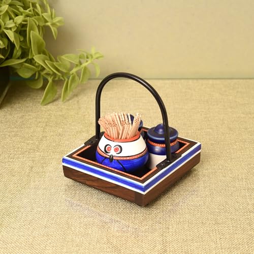 Image of Aakriti Art Creations Flavor Harmony Blue Tray Set with Ceramic Salt & Teak Wood | Handcrafted Abstract Art Kitchen & Dining Organizer Set | Matte & Glossy Finish Salt Pepper with Toothpick Holder