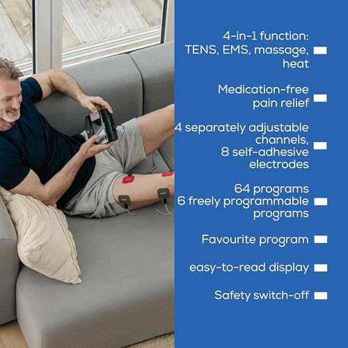 Image of Beurer EM89 Digital TENS /EMS Device with Heat Function, 4-in-1 Function for Pain Therapy, Muscle Stimulation, Massage and Heat Therapy, 4 Separately Adjustable Channels, 8 electrodes & Battery