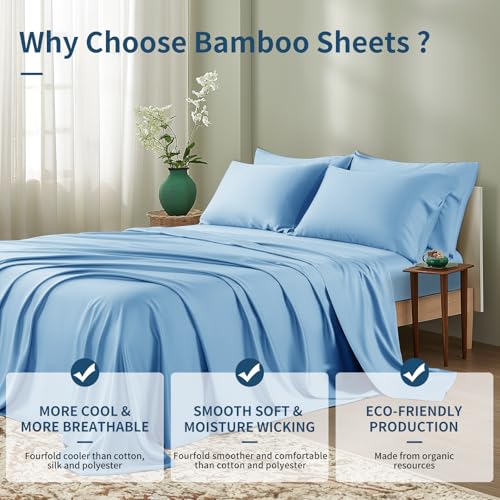Image of Shilucheng 6 Piece California King Sheet Sets, Cooling Sheets, Blend Rayon Derived from Bamboo, Deep Pocket Up to 16 inch, Breathable & Soft Bed Sheets, Hotel Silky Bedding Set, Lake Blue