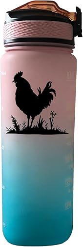 Botella de agua potable de pollo de 32 onzas con tiempos para beber y pajita, motivacional con correa de transporte, a prueba de fugas BPA y sin