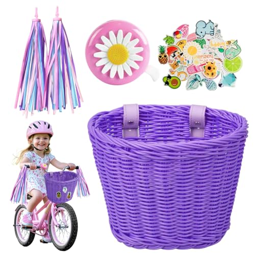 Cestino anteriore per bicicletta per bambini, rimovibile, cestino per biciclette per bambini, accessorio anteriore con cinturino in pelle, campanello per bicicletta e adesivi, viola