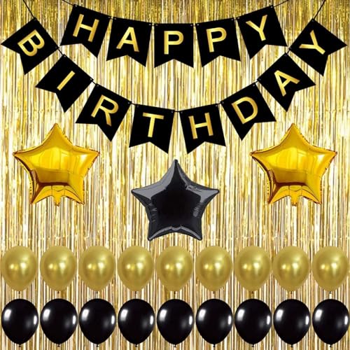 Mumoo Bear Black Gold Balloons and Paper Pom Poms Party Supplies for Birthday Decoration With Pale Champagne Metallic Foil Fringe Tinsel Curtain Happy Birthday Party Decoration Backdrop