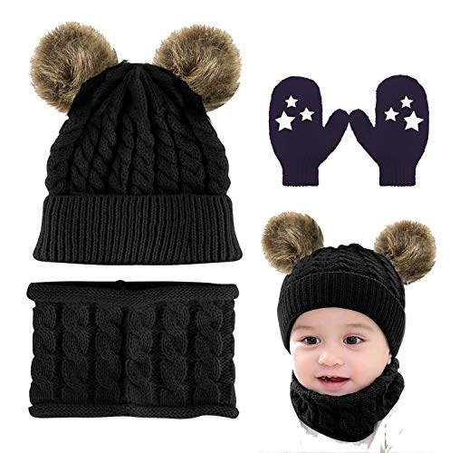 CheChury Niños Sombrero y Bufanda Conjunto Unisex Niña Invierno Guantes Bebé Beanie Gorros con Pompon Y Bufanda de Punto otoño Tejido Cuello Redondo para 0 24 Meses