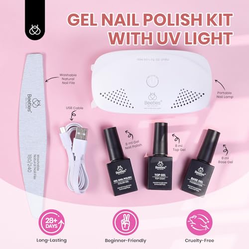 Image of Beetles White Gel Nail Polish Kit with U V Light, 5 Pcs Gel Polish Starter Kit with Base & Top Coat and Nail File for Beginners Soak Off DIY Art Set Manicure Gifts for Women