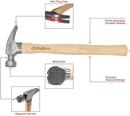 Miniatura 2 de Big Horn 15100 - Martillo para enmarcar con mango recto de 21 onzas, cara fresada, iniciador magnético de uñas, garra antianillo, cabeza de acero