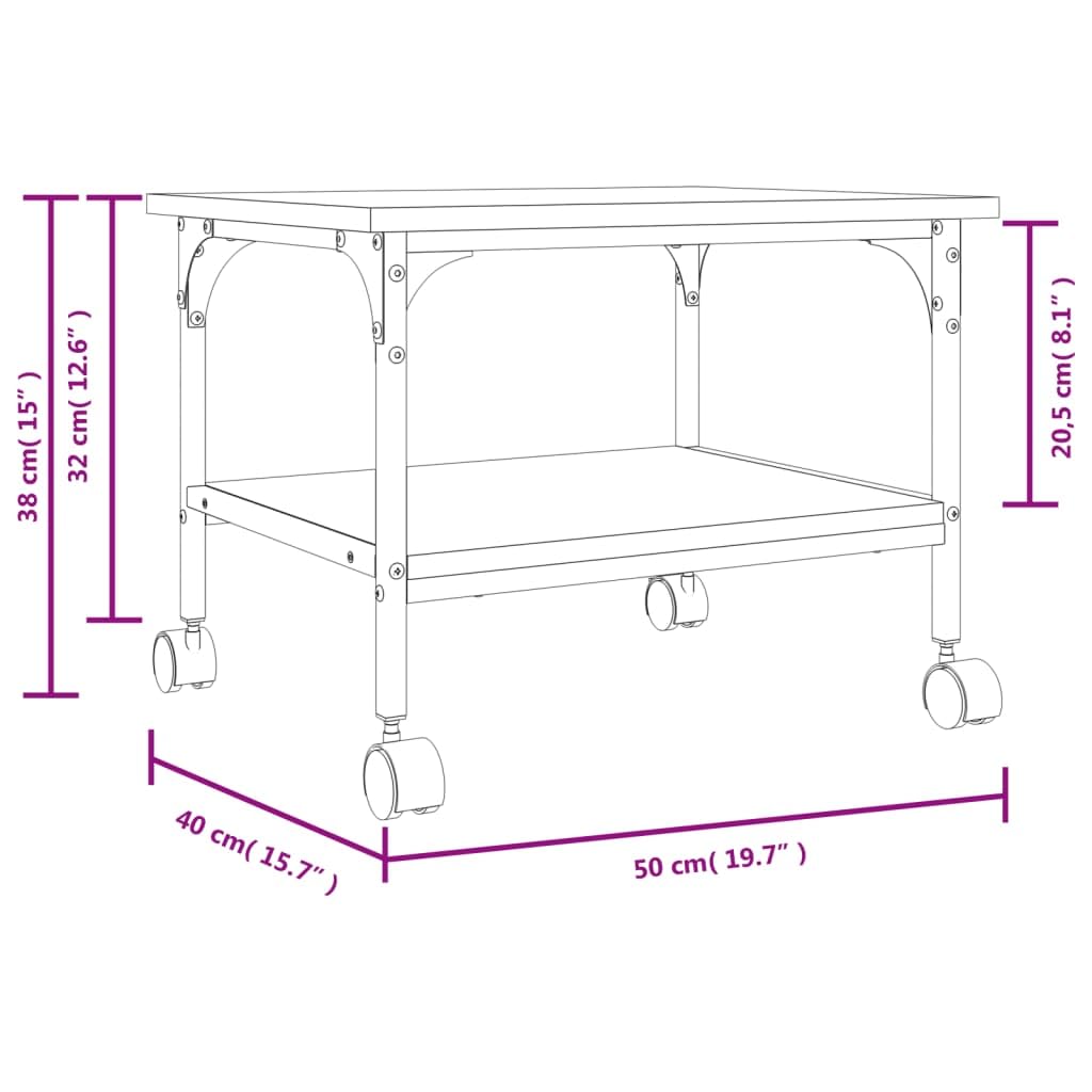 Druckerständer Räuchereiche mit 2 Ablagen 50x40x38 cm Holzwerkstoff und Stahlrahmen, mobiler Druckertisch mit Rollen, Ablagefach für Büroorganisation und Homeoffice Nutzung