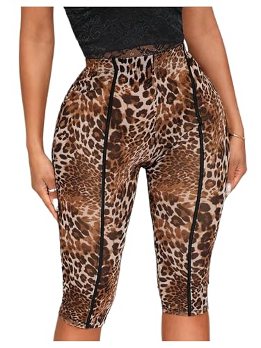RoseSeek Womens Y2K Leopard Mesh Cropped Leggings 3/4 Length Club Capri Pants Brown Medium