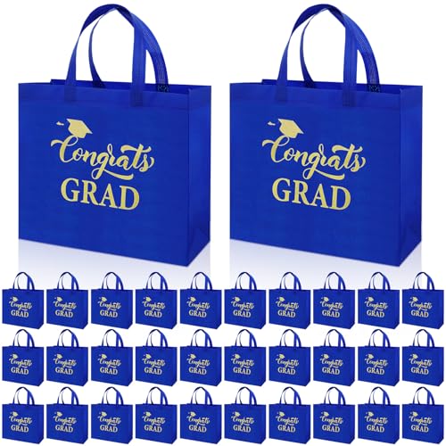 Sweetude 50 Pcs Graduation Gift Bags Bulk with Handles Reusable Congrats Grad Non Woven Tote Bags 12 x 11 x 5 Inches Blue and Gold Graduation Party Favors for College High School Party Supplies