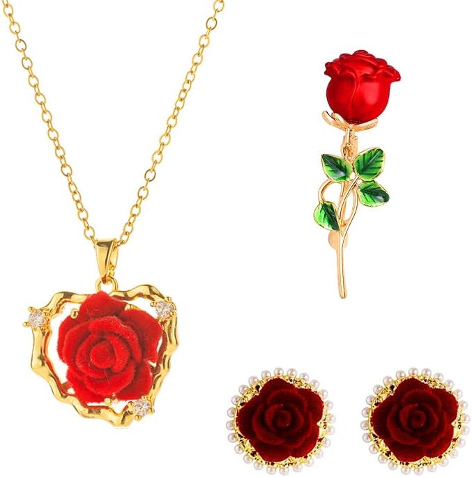 coadipress 3Pairs Rose Flower Earrings Necklaces Brooch for Women Vintage Rose Pendant Necklace Dainty Heart Flower earring Trendy Wedding Gifts