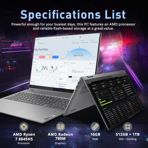 Image of Lenovo Ideapad 5 2-in-1 16 inch WUXGA Touchscreen Laptop, AMD Ryzen 7 8845HS, 16GB LPDDR5X, 1.5TB Storage (512GB SSD+1TB Docking Station), Copilot+ PC, Backlit Keyboard, Fingerprint, Win 11 Pro, Grey