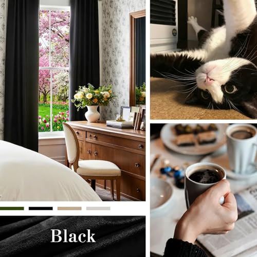 Image of Extra Long Black Velvet Curtains Grommet 52x108 Inch 2 Panels | Soft Velvet, For Tall Windows & High Ceilings, Light Shifting Texture, Elegant Drape, Classic, Rod Pocket