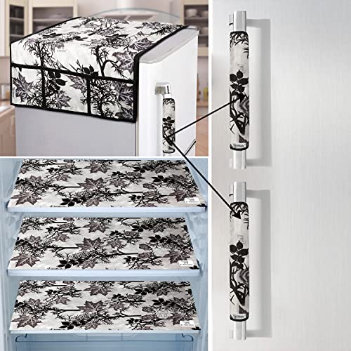 Image of Exclusive Combo Set of Appliances Cover (1 Pc. of Fridge Top Cover, 2 Pc. of Refrigerator Handle Cover and 3 Pc. Of Refrigerator Mat /Fridge Shelf Mat) (Color- Black, Design-Floral, Set Contains- 6 Pcs)