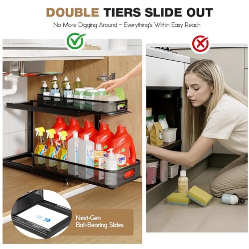 Image of 2-Pack 18.5 IN Depth Under Sink Organizer With Next-Gen Ball-Bearing Slides,Sophisticated Mesh 2-Tier Pull Out Shelf for Kitchen & Bathroom,Fits Small Items-Black