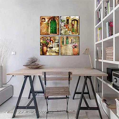 Streets Of Old Mediterranean Town Painting Windows Door Flower Pictures Wall Decor Canvas Framed For Living Room Bedroom Vintage Italian Rural Village Poster Prints Ready To Hang(12''W X 12''H X 4) #TOP1