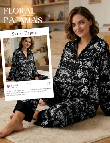 Image of Yimoon Satin Pajama Set for Women Silk Pajamas Set 2 Piece Floral Cute Pj Set Long Sleeve Pjs Sleepwear