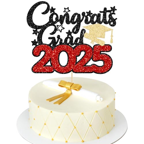 Gyufise 1 Pack Graduation Cake Decorations 2025 - Congrats Grad Cake Topper, Red Cupcake Toppers Picks for Senior High School, University, College Party Supplies