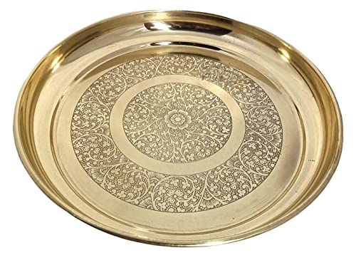 Image of A & H ENTERPRISES Brass Dinner Thali 11 Inch (27 cm) | Heavy Duty Round Brass Plate for Dining, Serving & Pooja | Etching Flower Design Traditional Khumcha Plate (Set of 3 Pc)