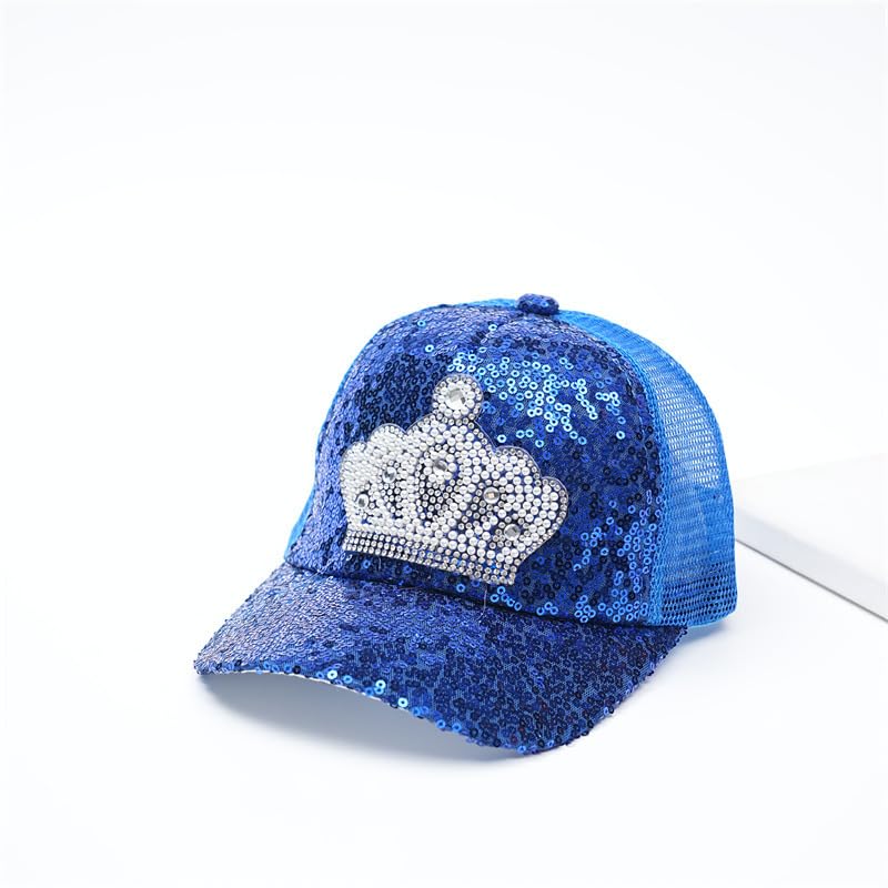 Sparkling Princess Hat Crown Sequin Mesh Baseball Cap Breathable and Adjustable Summer Sun Hat for Outdoor Play and Sun Protection Royal Blue