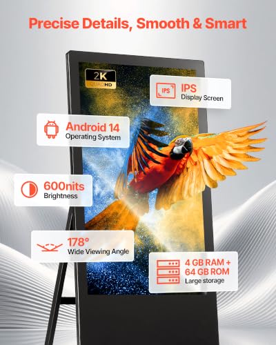 Image of VEVOR 32 in Indoor Digital Signage Floor Standing Advertising Display Kiosk, with WiFi HDMI /USB Input Android OS, 178 Wide View, LCD Screen Interactive Monitor, Commercial Totem Vertical Poster