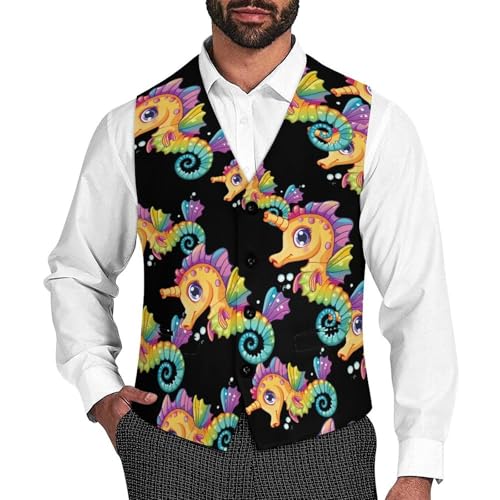 Colorful Seahorse Men's Suit Vests Business Formal Dress V-Neck Waistcoat Tops with 2 Pockets