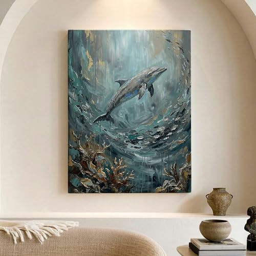 Cuadro de delfines en lienzo azul con arte abstracto para dar vida a tus paredes