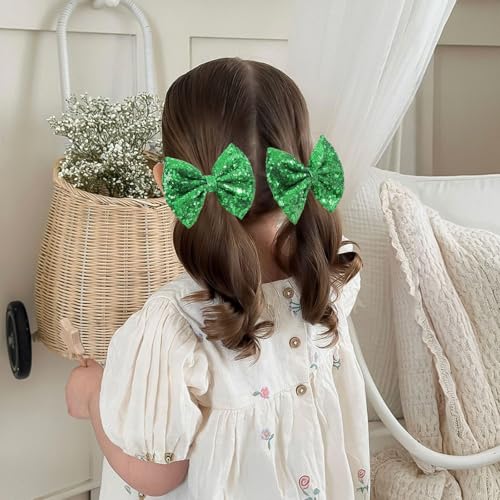 CN 5 Inch Green Glitter Hair Bows for Girls Alligator Clips Sparkly Sequin Hair Accessories for Kids Toddler Women on Birthday Wedding Christmas and Party