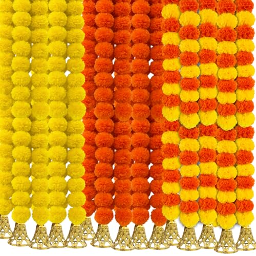 Image of Marigold Garlands Decoration with Bell, Artificial Flowers for Decorations Hanging Garlands for Home Decor, Ganpati Decoration /Diwali Decoration for Home- (Yellow, Orange & Multi, Pack of 15)