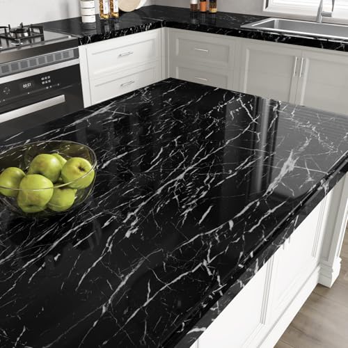 Comparison: Best Backsplash For Dark Countertops 4 Wallercity Glossy Marble Black Contact Paper Peel and Stick Marble Counter Top Stick on Wallpaper for Kitchen Backsplash Vinyl Self Adhesive Wallpaper for Cabinets Waterproof Countertops Wall Paper