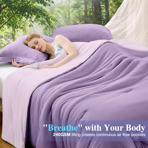 Image of MUXHOMO Cooling Comforter Set Queen Size, Lightweight Summer Comforter for Hot Sleeper, Reversible Bedding with ICY Cooling Surface, Includes 1 Comforter (90 inchx90 inch) and 2 Shams (20 inchx 26 inch), Lavender