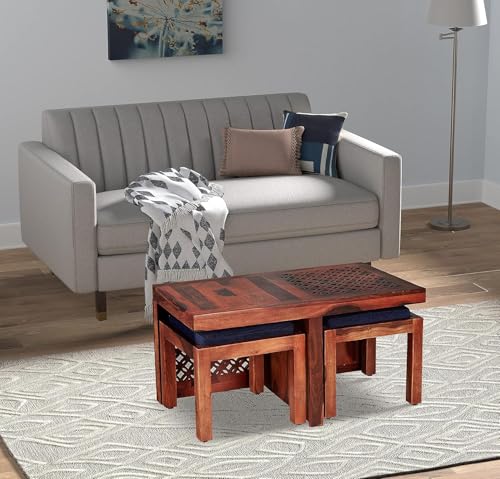 Image of Jangid Handicraft Solid Sheesham Wood Coffee Table with 2 Stool | Rectangle Sofa Centre Table with Stool | Tea Center Table with 2 Stools for Living Room | Patio Teapoy Table with Two Puffy, Brown
