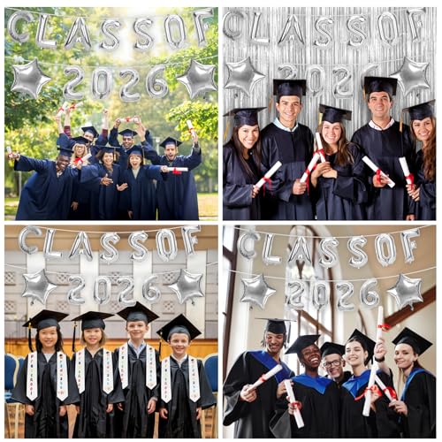 Image of Graduation Balloons, Class of 2026 Balloons, 16 Inch Silver Grad Class of 2026 Letters Foil Balloon with Star Balloons, Class of 2026 Decorations for High School College Graduation Party Decorations