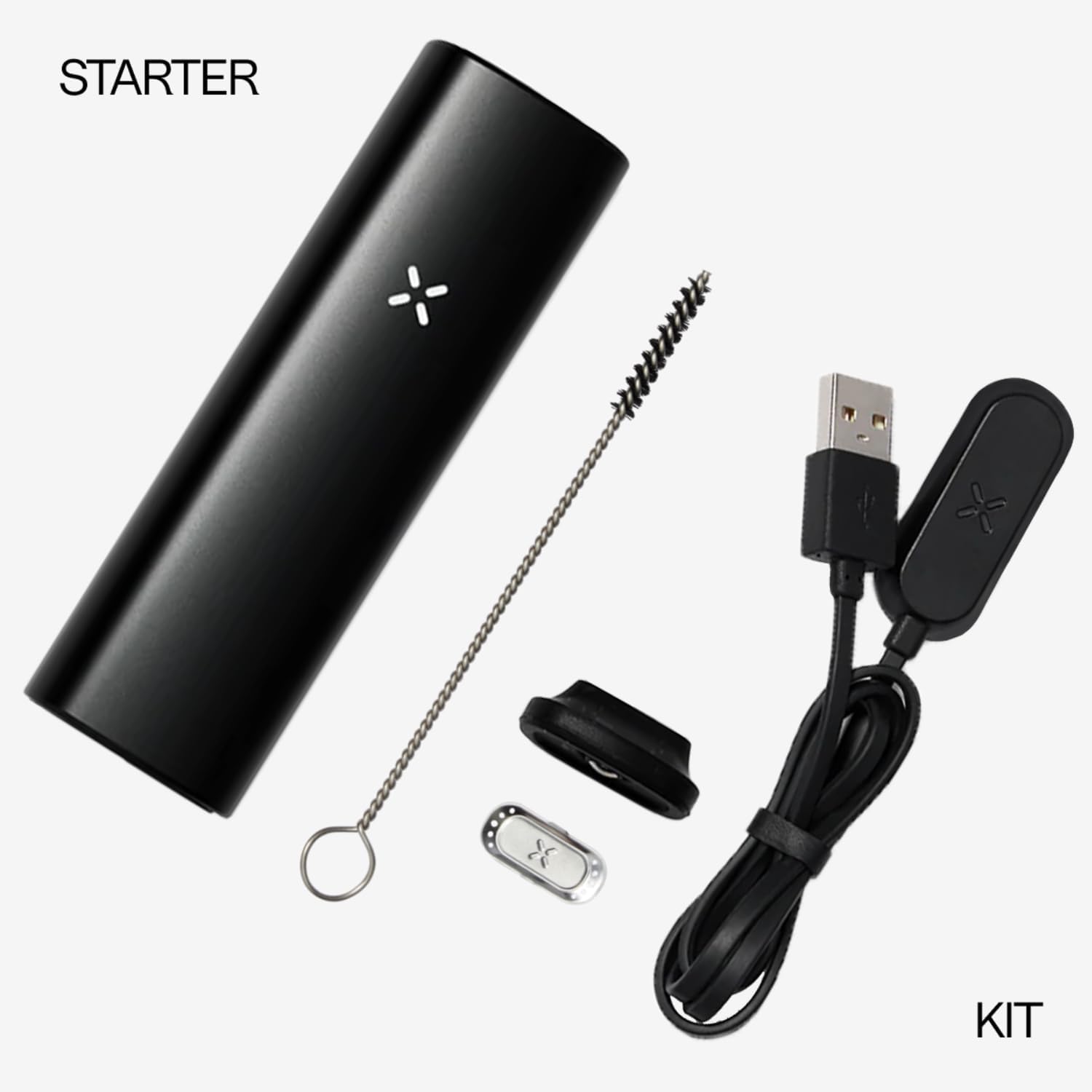 Pax Plus Starterset - Kombi Verdampfer für Kräuter - Umfasst Flache und Erhöhte Mundstücke, Brennkammerdeckel, Brennkammersieb, Drahtbürste, Usb Kabel – Onyx