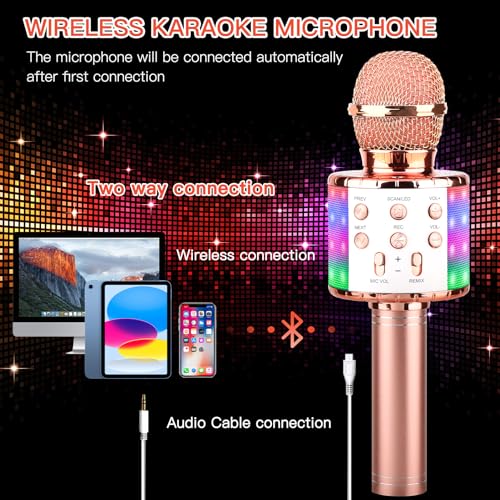 Image of ShinePick Wireless 4 in 1 Bluetooth Karaoke Microphone, Handheld Portable Speaker Machine, Home KTV Player with Record Function, Compatible with Android & iOS Devices(Pink)