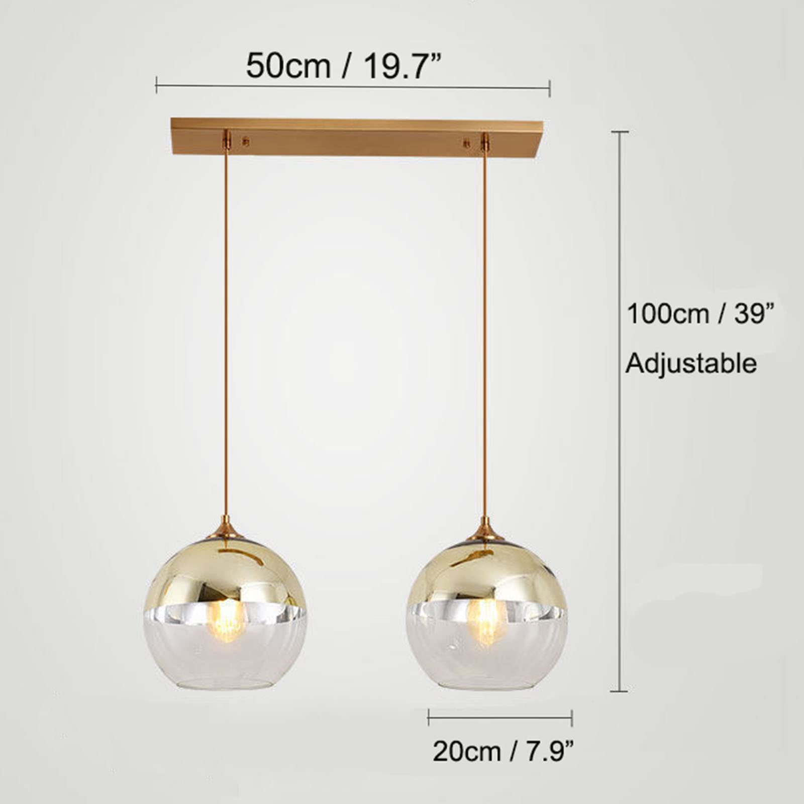 Lampa wisząca z 2 lampkami ze złotym szklanym kloszem, gniazdo E27, lampa wisząca, pojedynczy żyrandol w kształcie kuli do jadalni i wyspy kuchennej