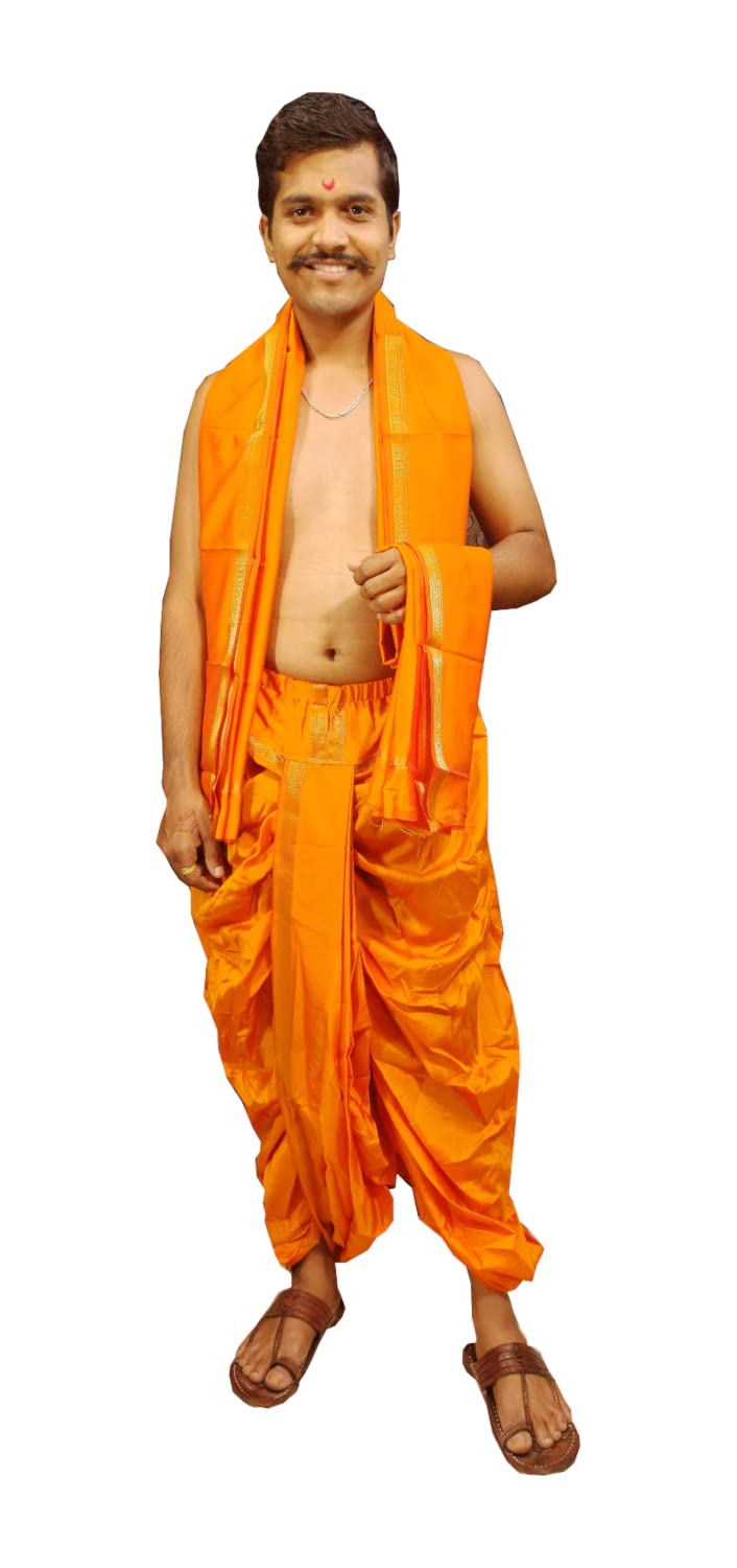 Spewim Men Polyester Ready to Wear Zari Work Dhoti With Dupatta For Men