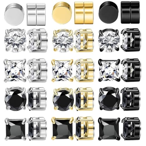 NEWITIN 15 Pairs Magnetic Stud Earrings for Men Clip on Earrings Stainless Steel Magnet Earring Unisex Dangle Cross CZ Hoop Magnetic Stud Earring Set for Men Women