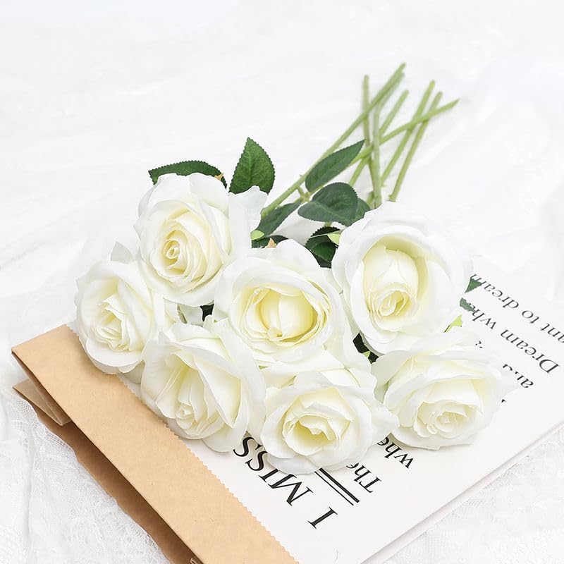 25Pcs Artificial Flowers Rose, Real Looking White Foam Fake Roses with Stems for DIY Wedding Bouquets Bridal Shower and Floral Arrangements Party Tables Home Decorations (White) image 4