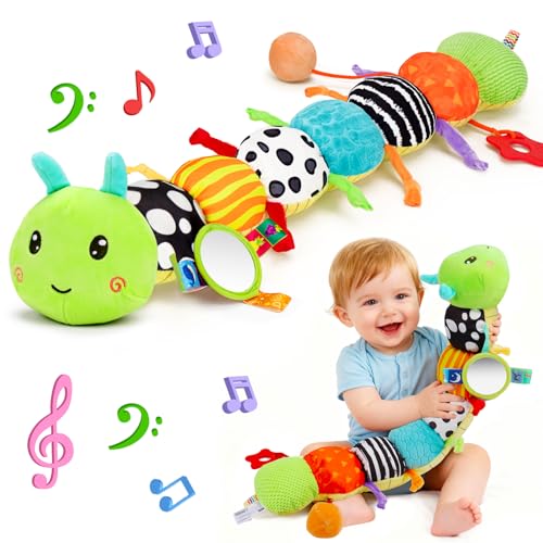 Jouet Bebe 0 3 6 Mois Jouet Peluche Chenille Musicale, Jouet Sensoriels Montessori, Jeux Eveil Bebe 0-3 3-6 Mois avec Hochet Miroir Bebe, Cadeau Naissance...