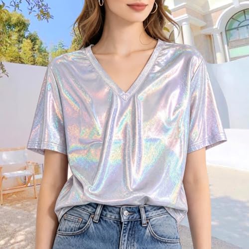 Womens Sparkly Shirt, Metallic V-Neck Short Sleeve Glitter Shiny Tops - image 2