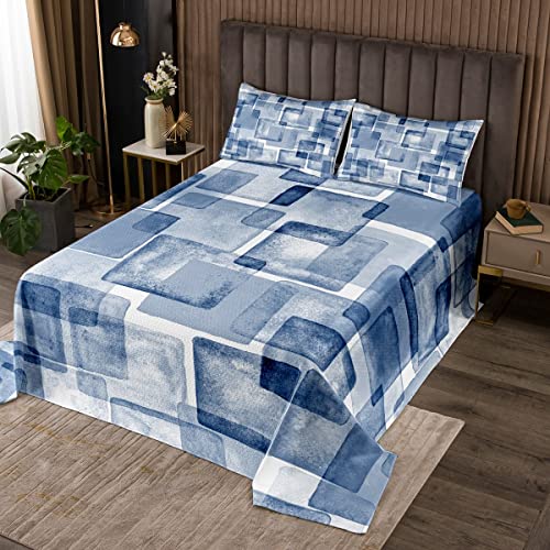 Geometric Squares Patchwork Kids Bedspread Queen Size,Abstract Art Graffiti Style Coverlet Set,Girls Boys Adults Room Decor,Modern Fashion Quilted Coverlet,Blue Gradient Bedding Quilt,2 Pillowcases